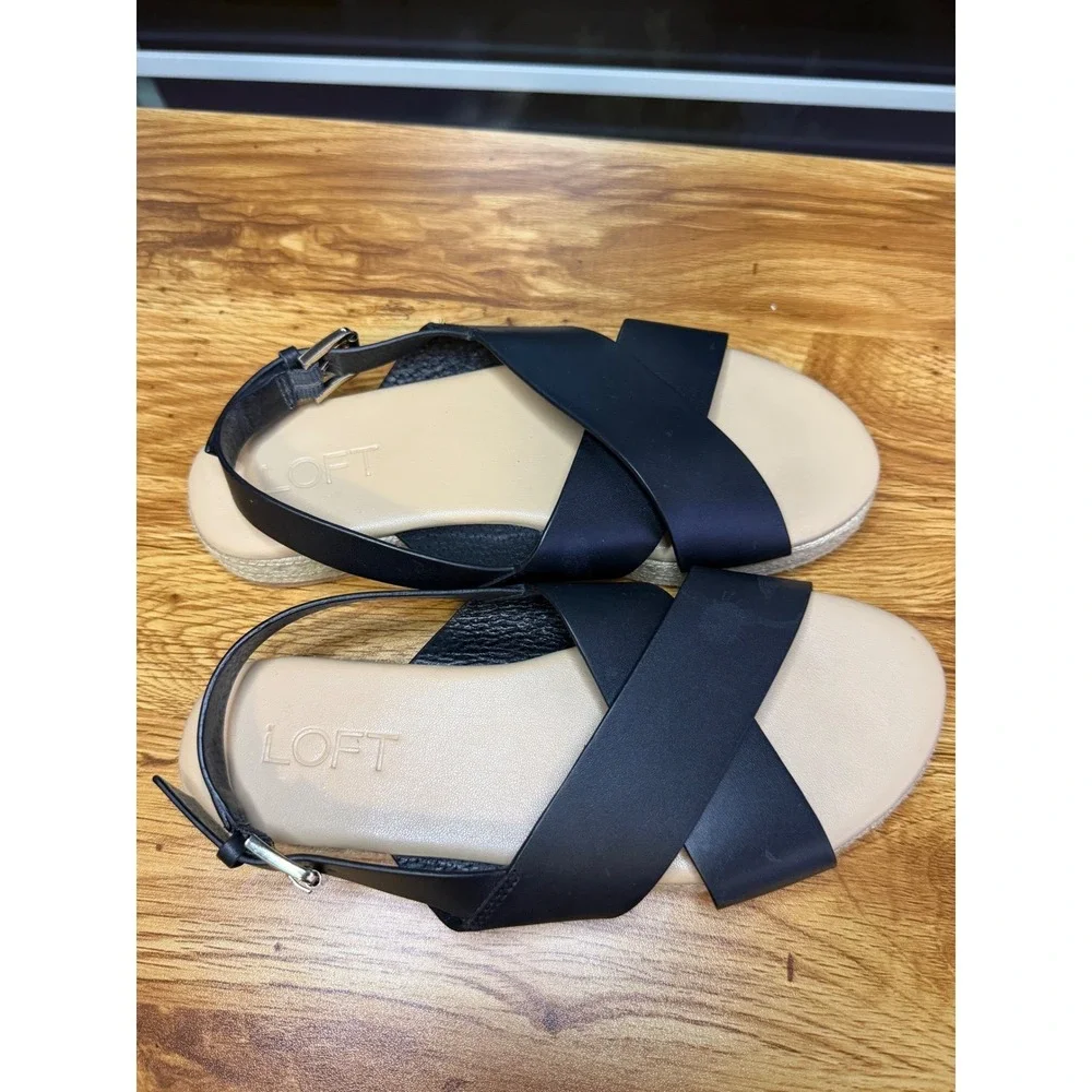 Loft Women's Black Leather‎ Crisscross Espadrille Platform Sandals Size 6.5M